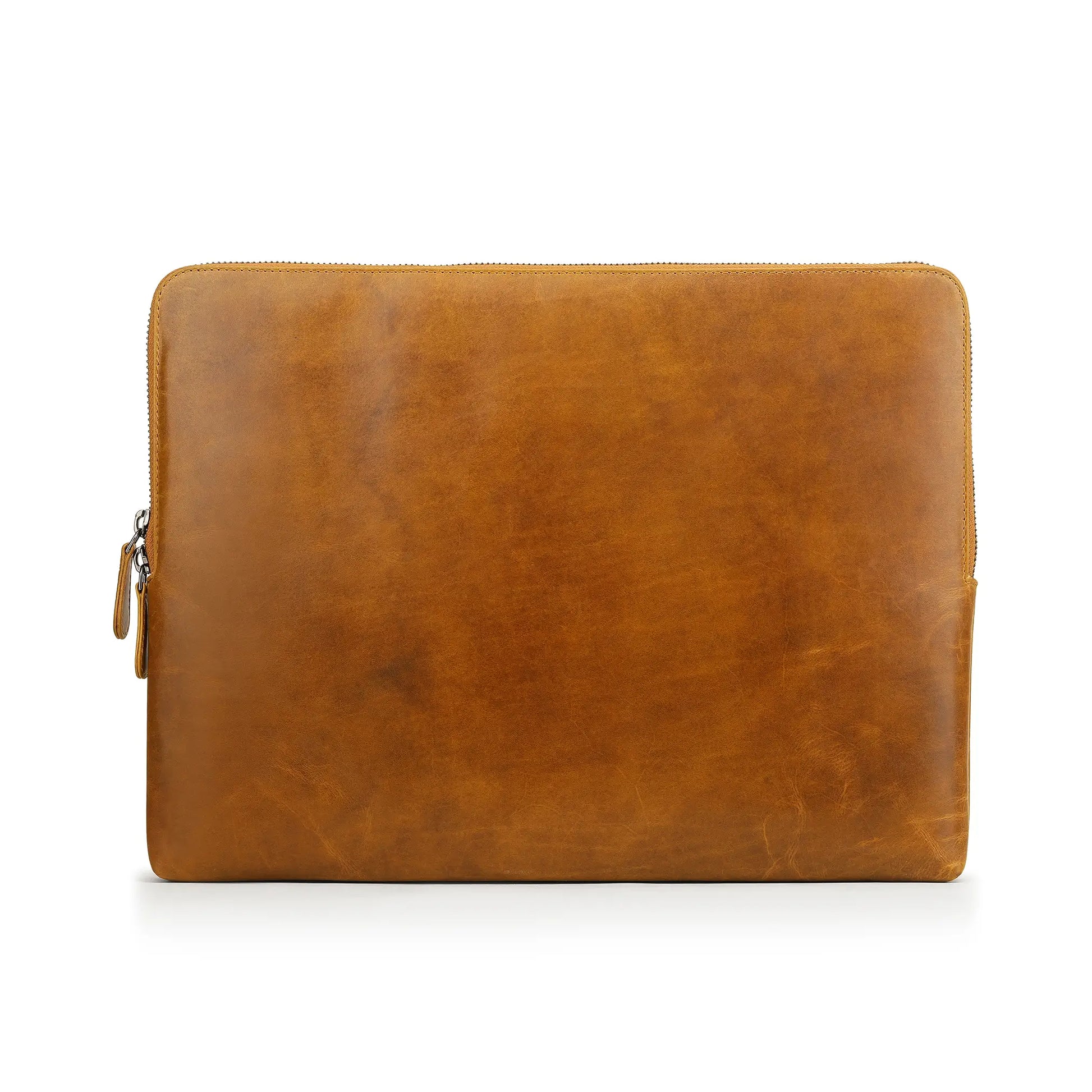 Tan leather laptop sleeve with a zipper on a white background