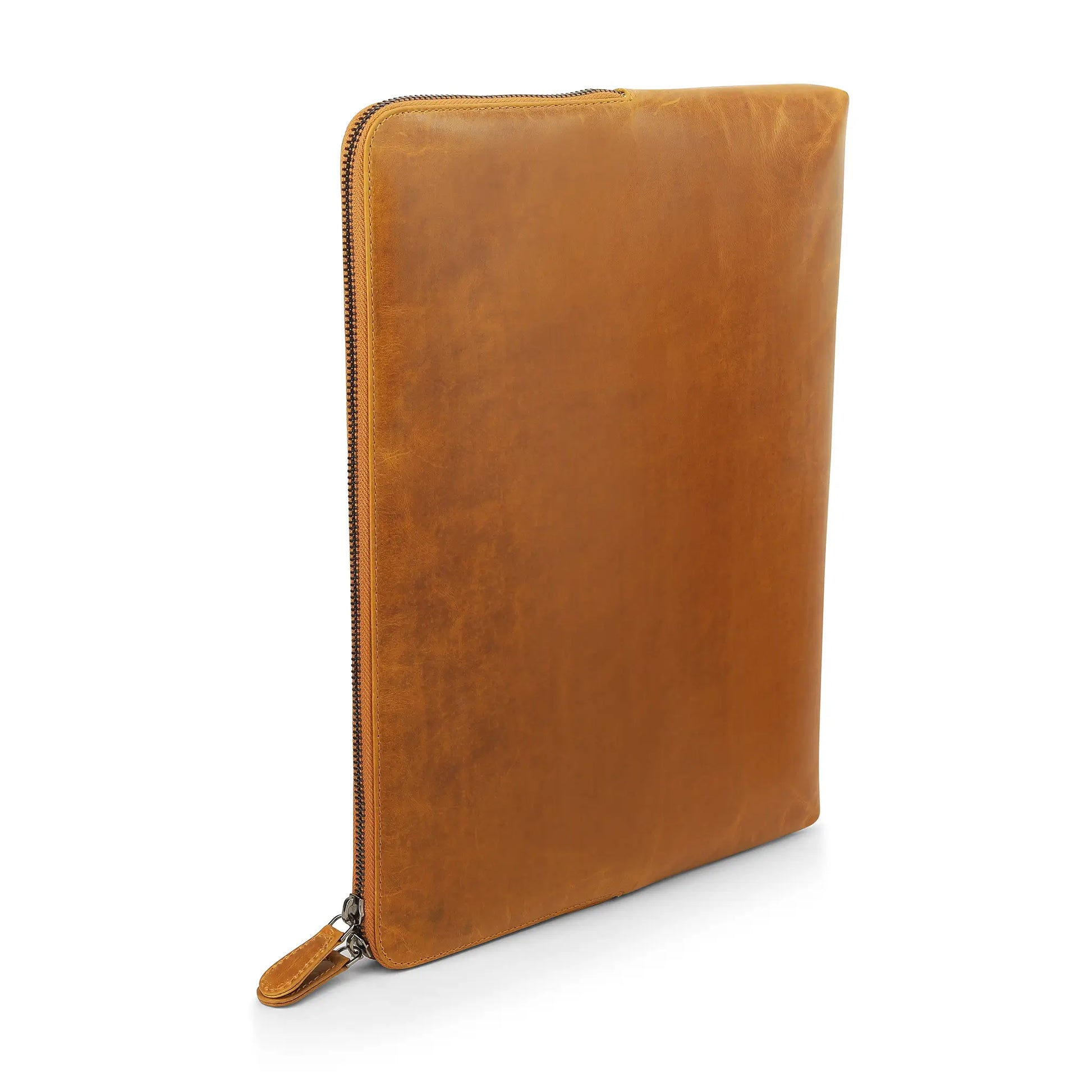 Tan leather zippered laptop sleeve on a white background