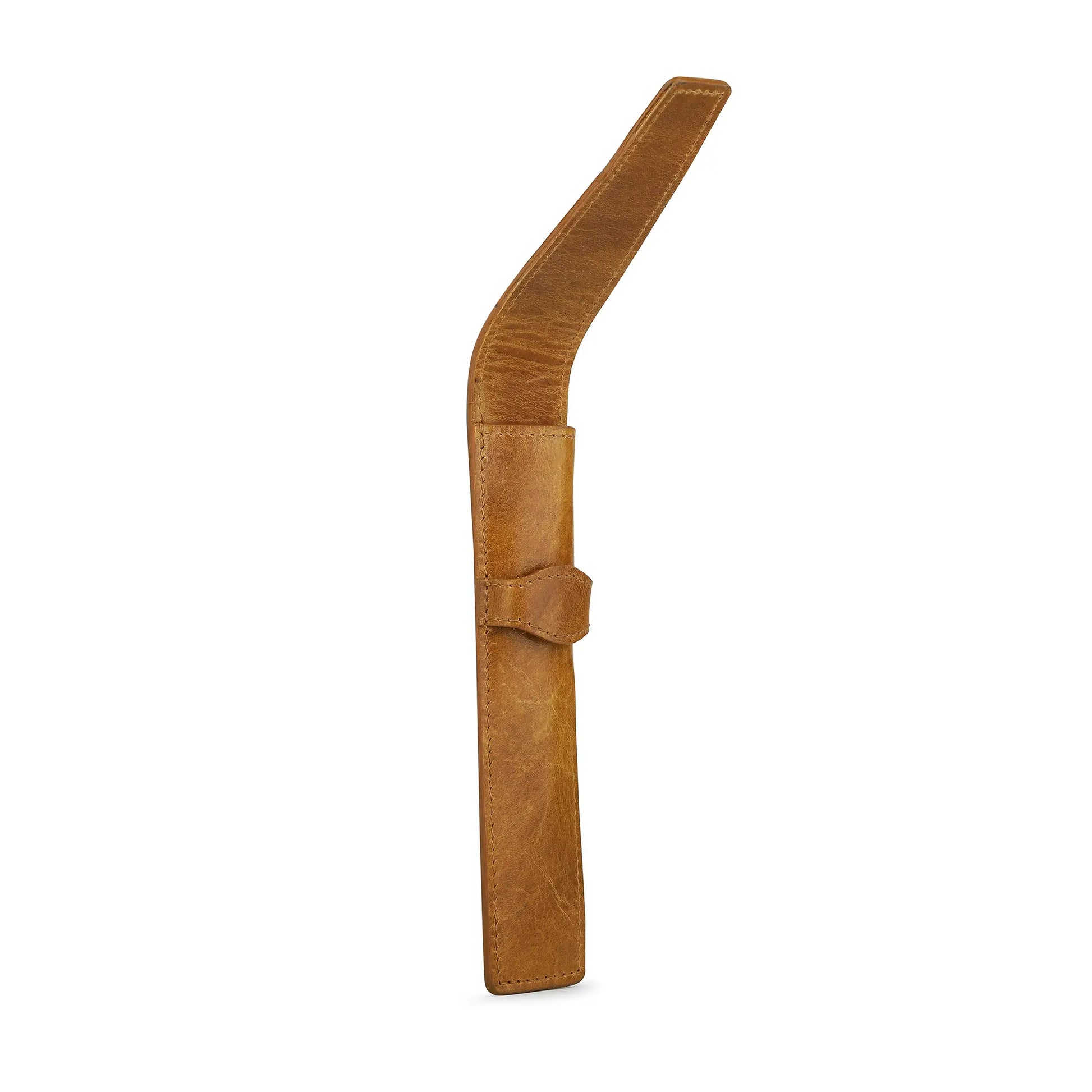 Tan leather pen holder on a white background