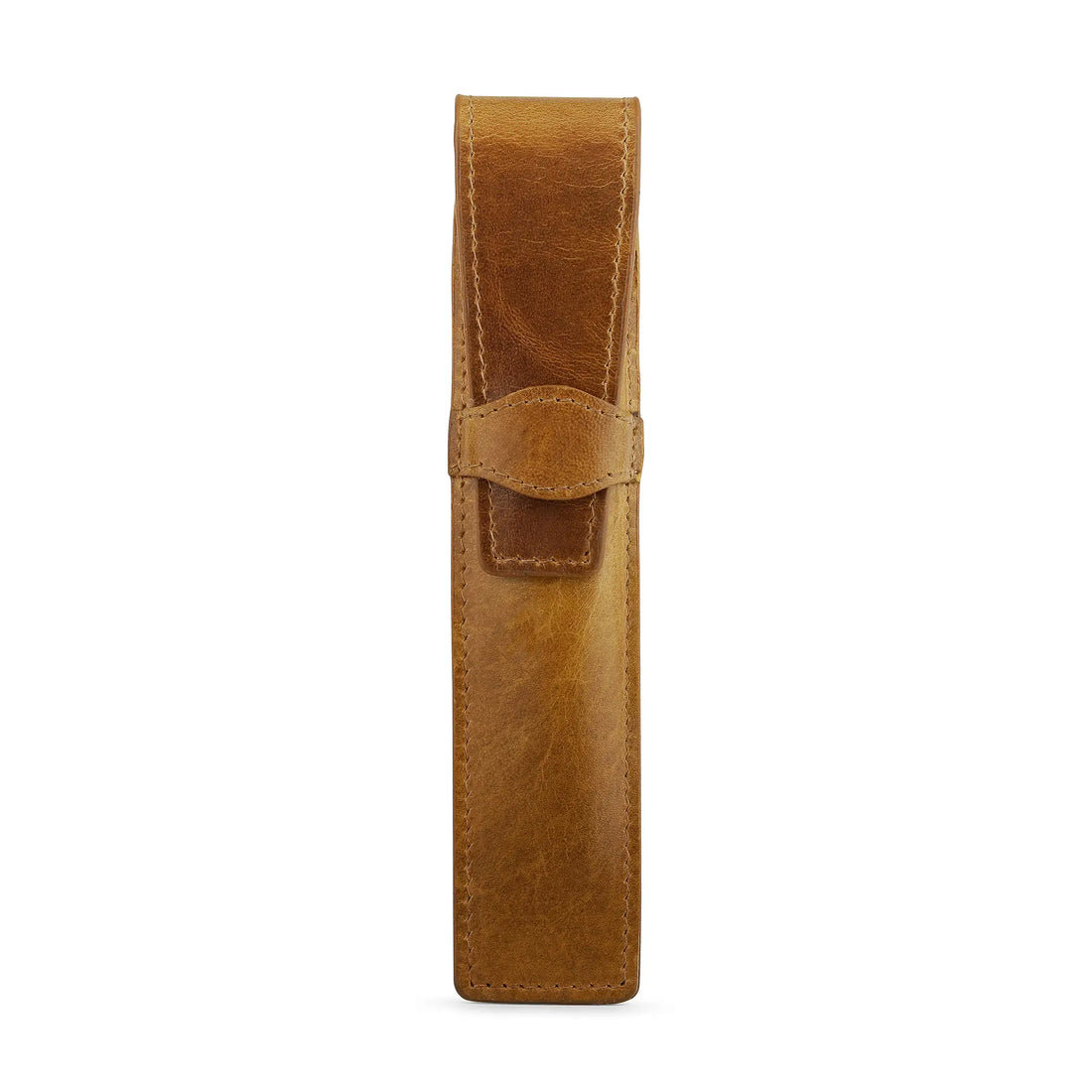 Tan leather pen holder on a white background