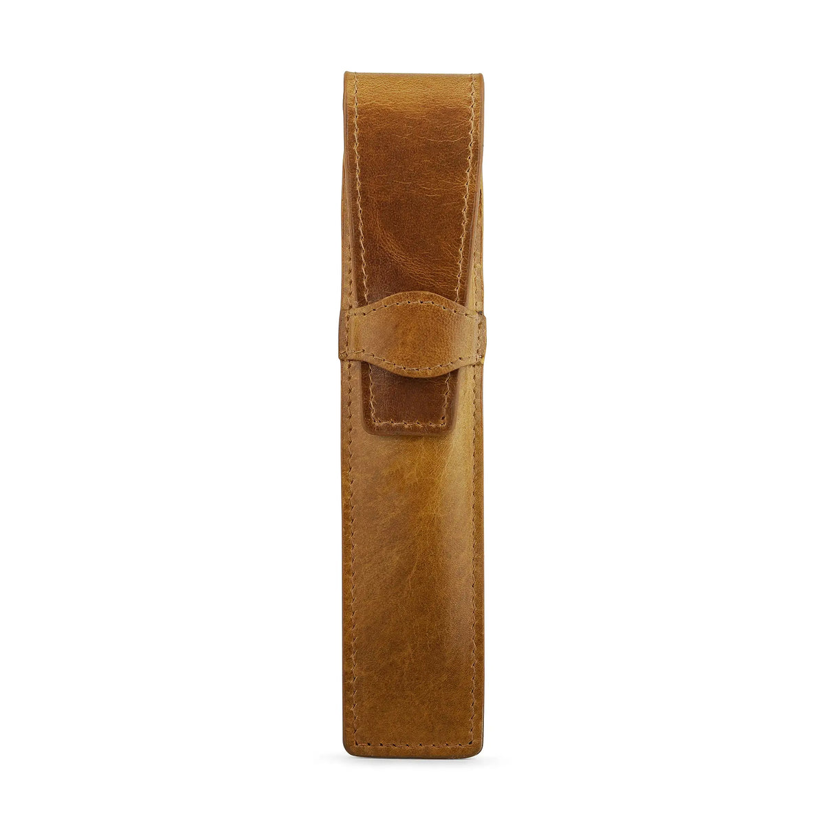 Tan leather pen holder on a white background