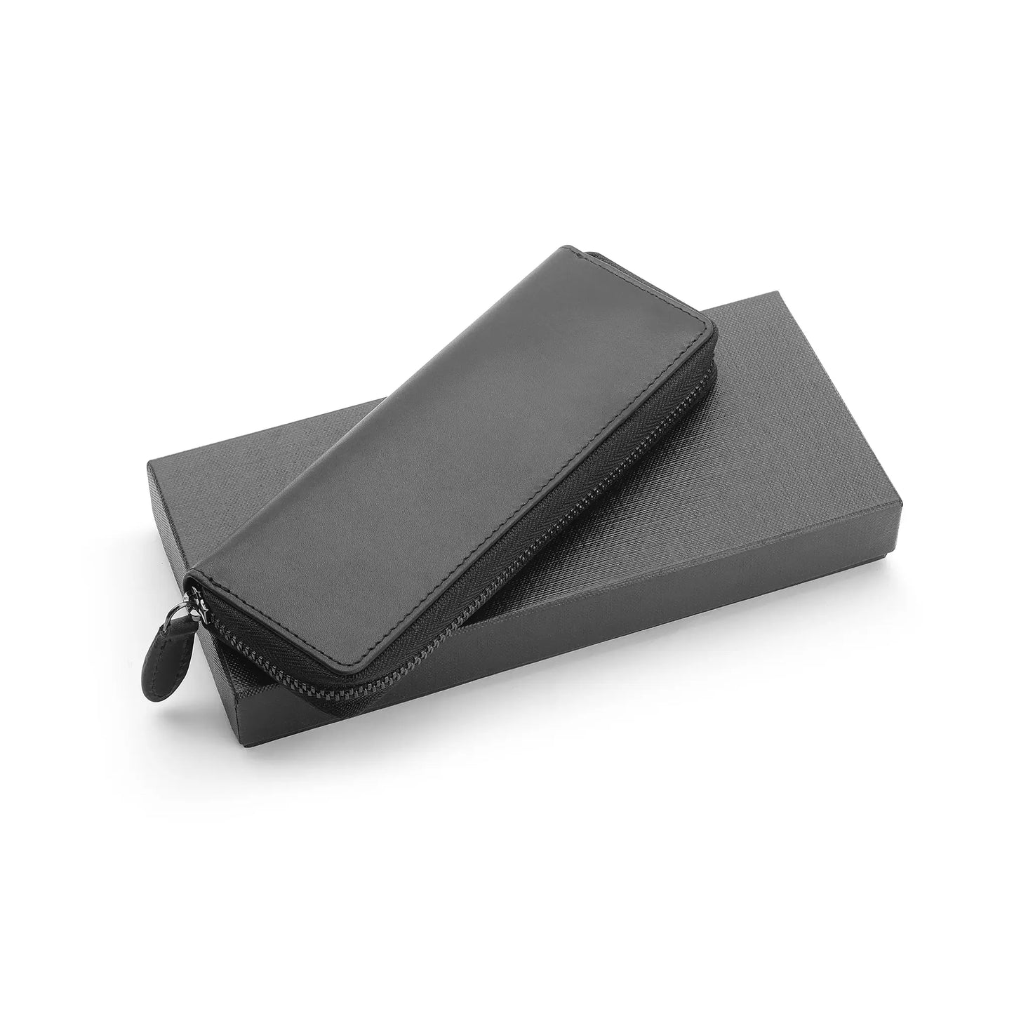 Black leather pen case with a zipper on a white background