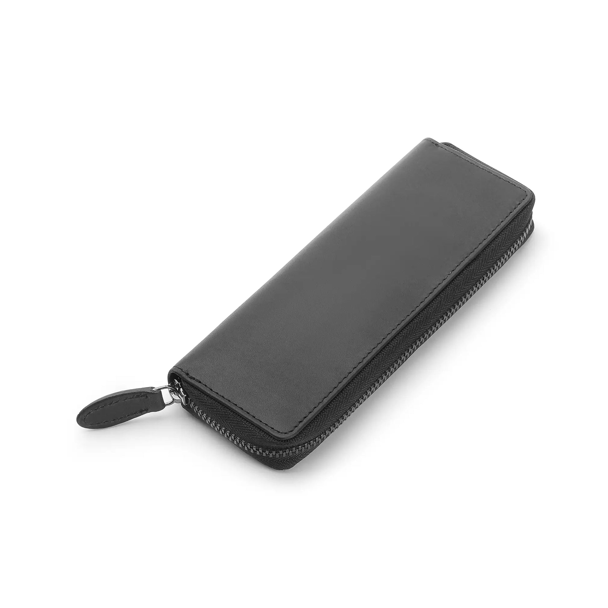 Black leather pen case with a zipper on a white background
