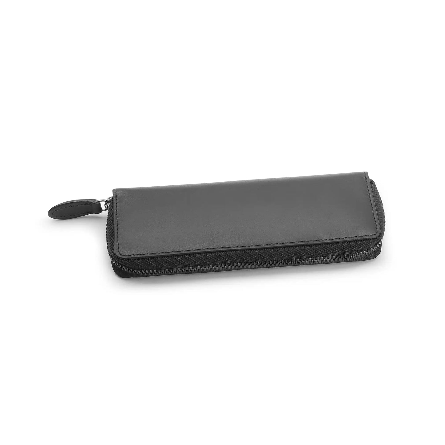 Black leather pen case with a zipper on a white background
