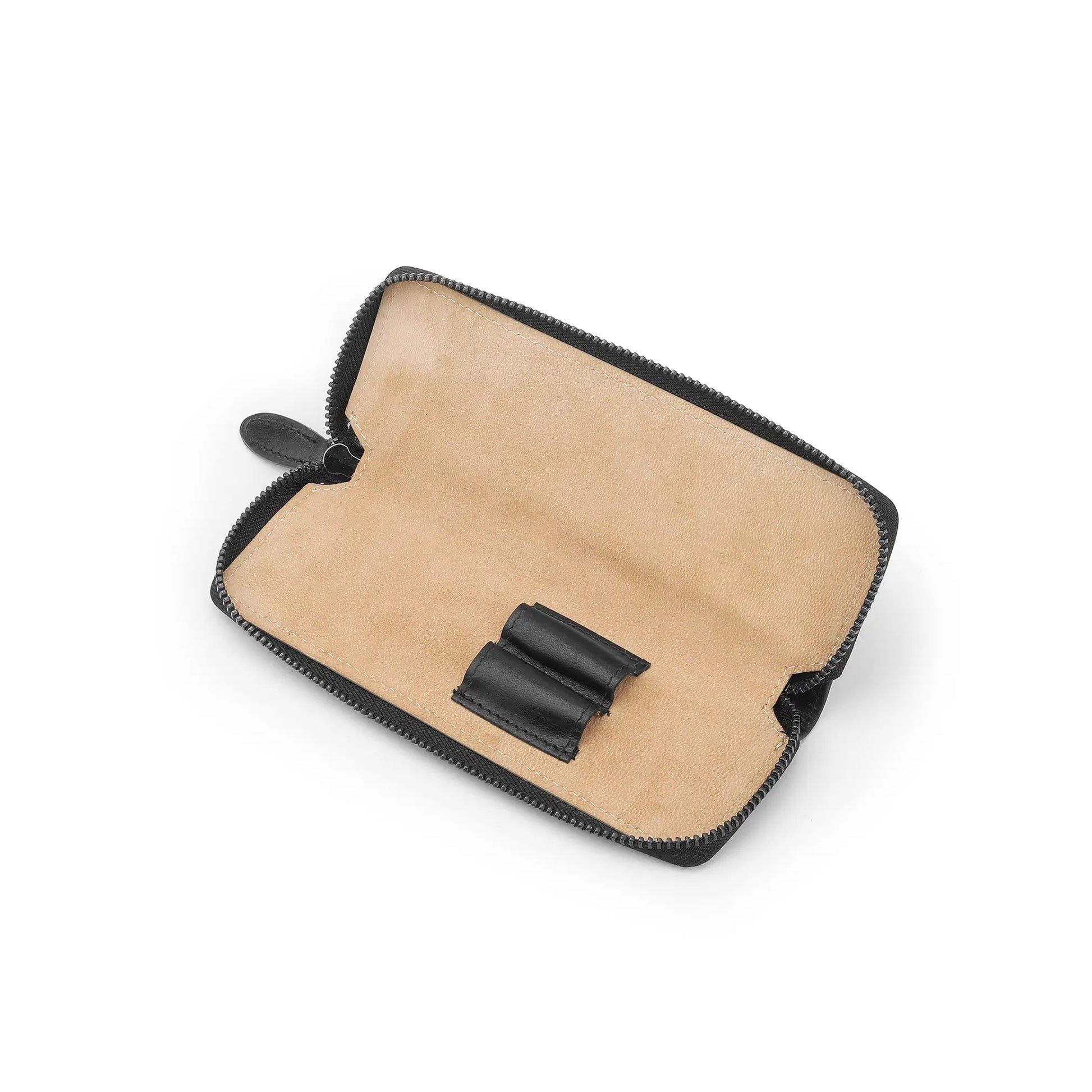 Beige pouch with black zipper on a white background