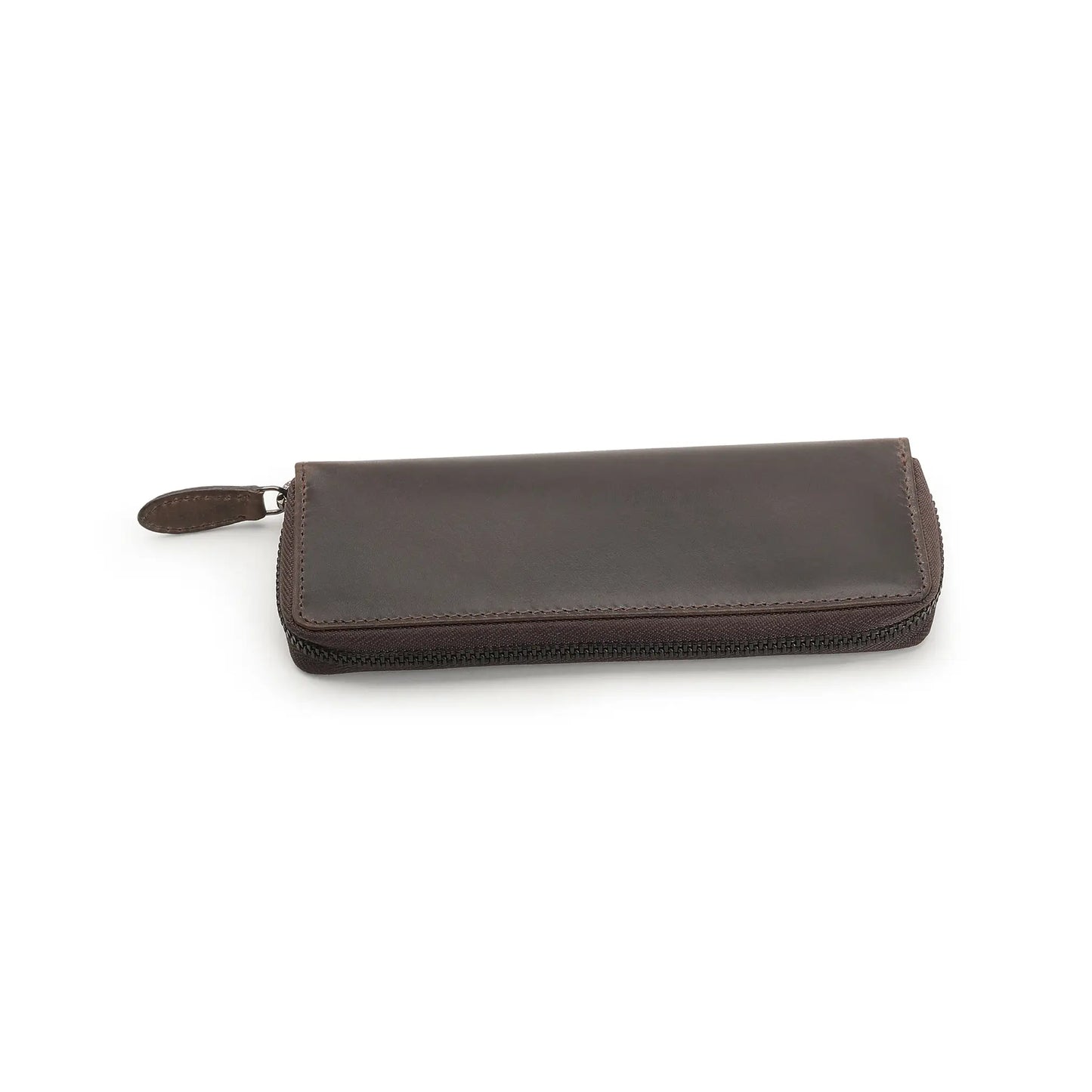 Brown leather pen case on a white background