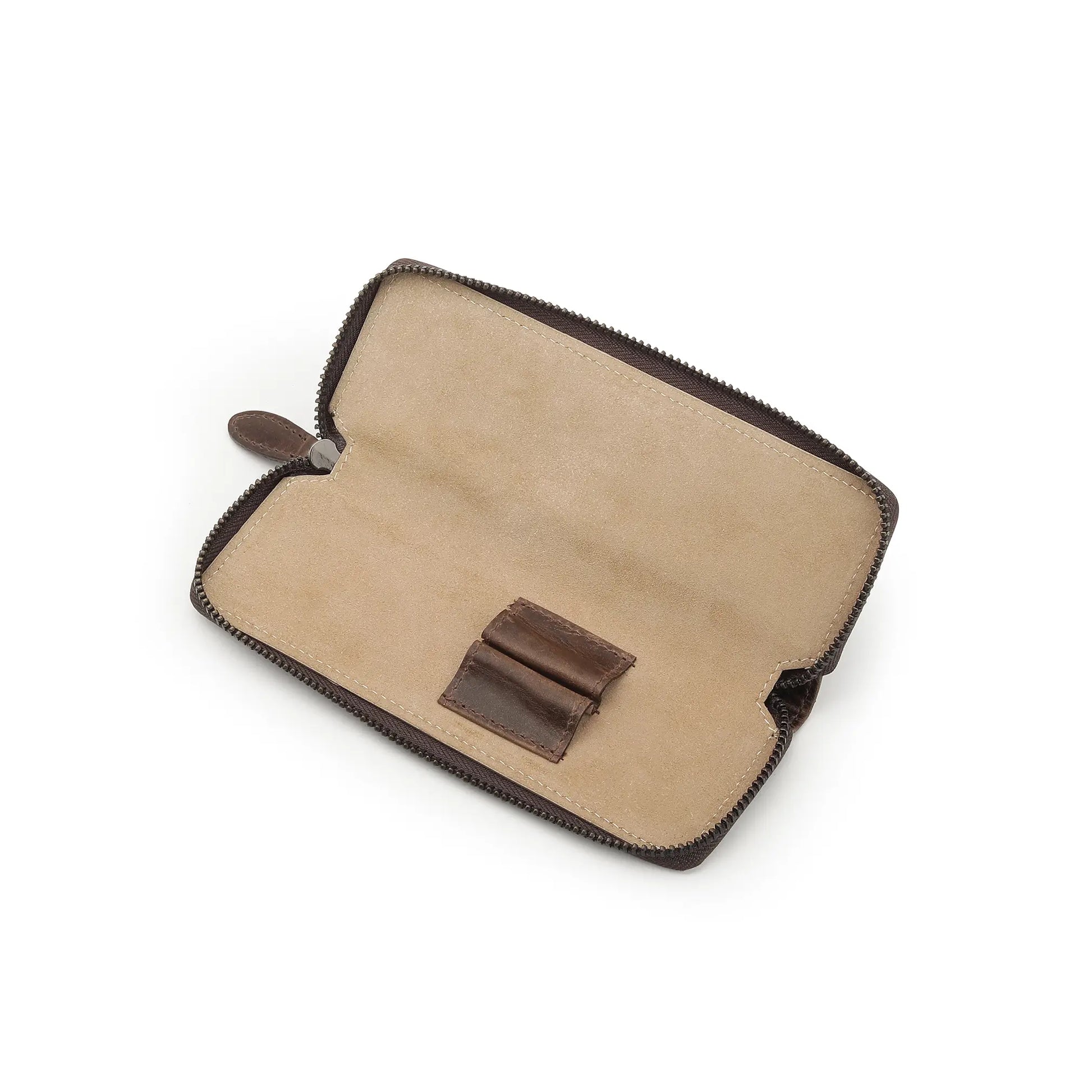 Brown leather pouch with a zipper on a white background