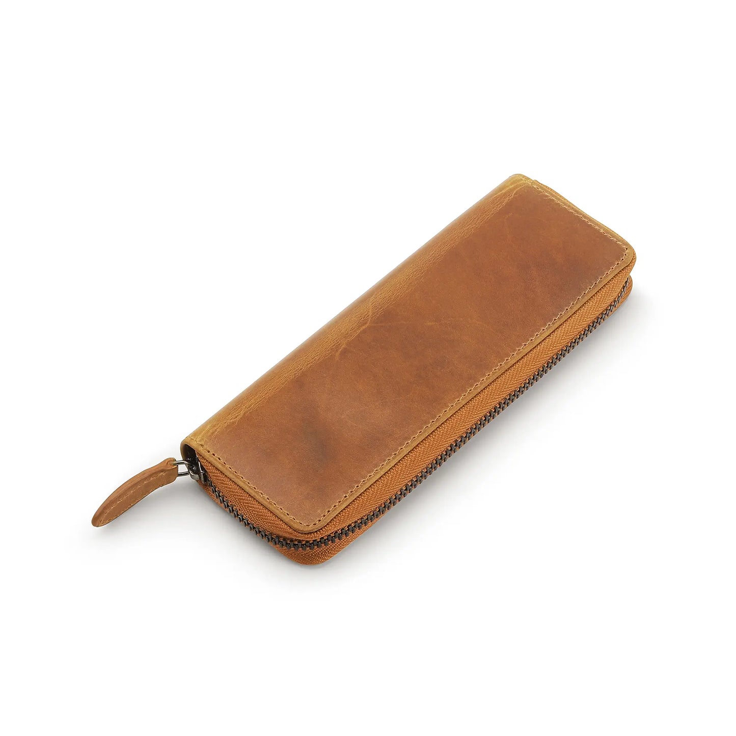 Tan leather pen case with zipper on a white background