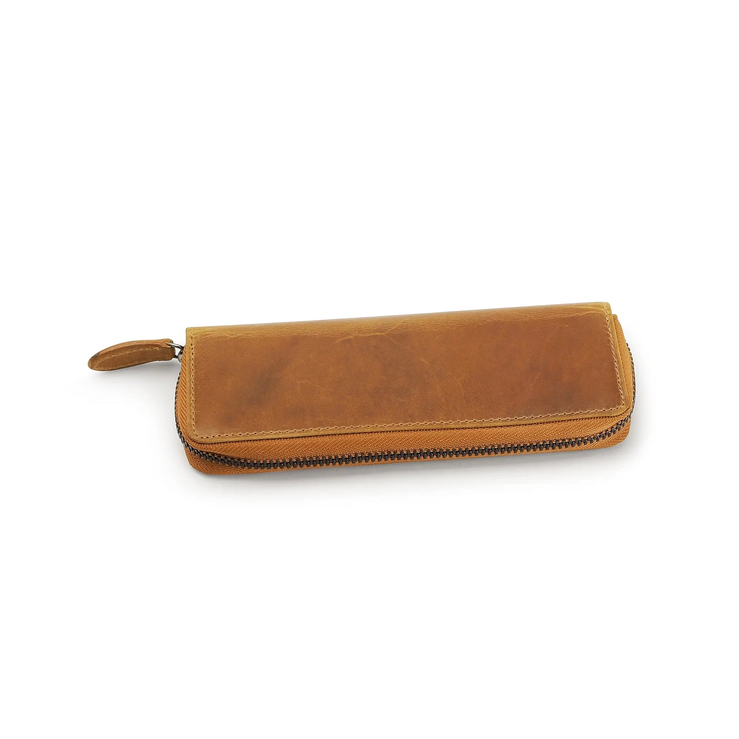 Tan leather pen case  with a zipper on a white background