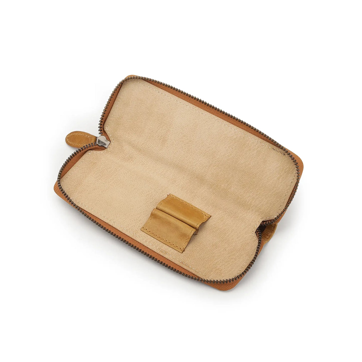 Tan leather pen case with zipper on a white background