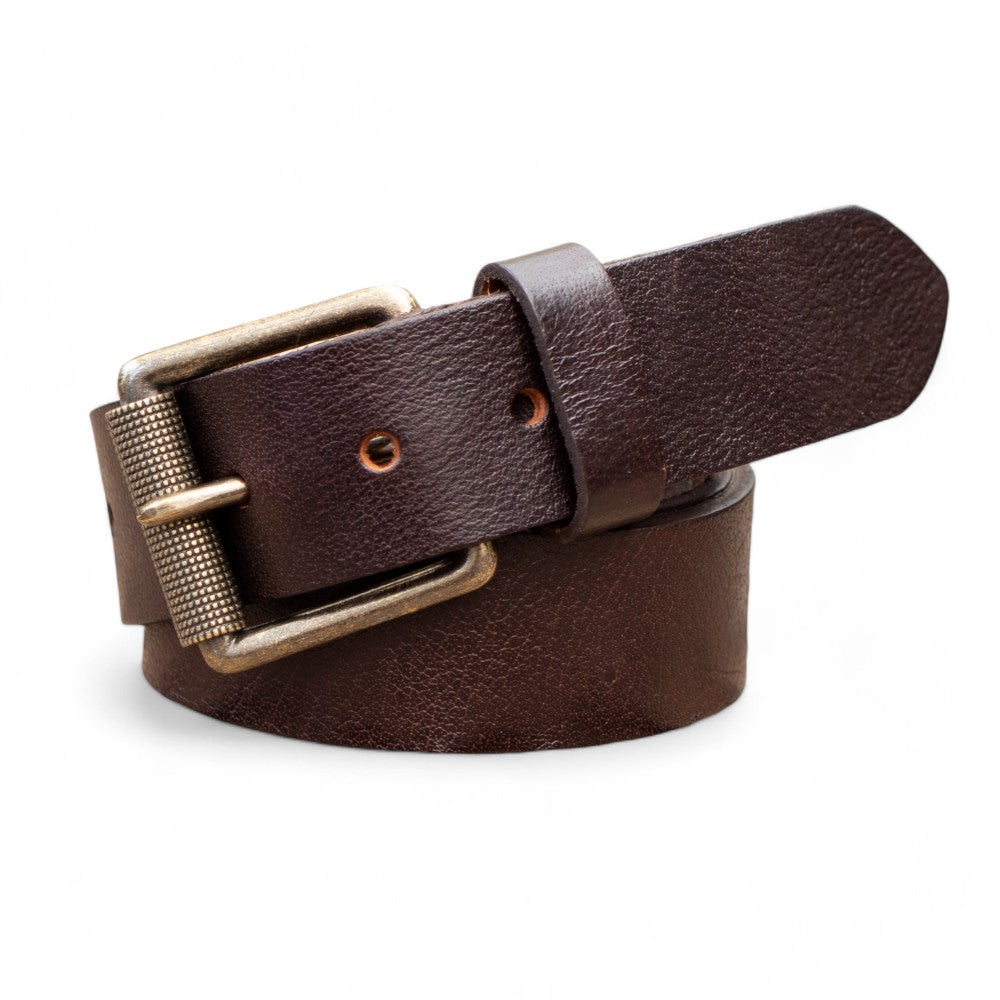 Men Brown leather belt roller buckle on agrey background.