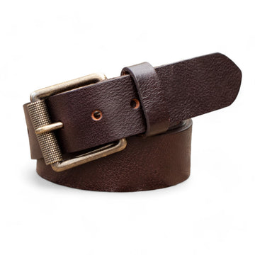 Men Brown leather belt roller buckle on agrey background.
