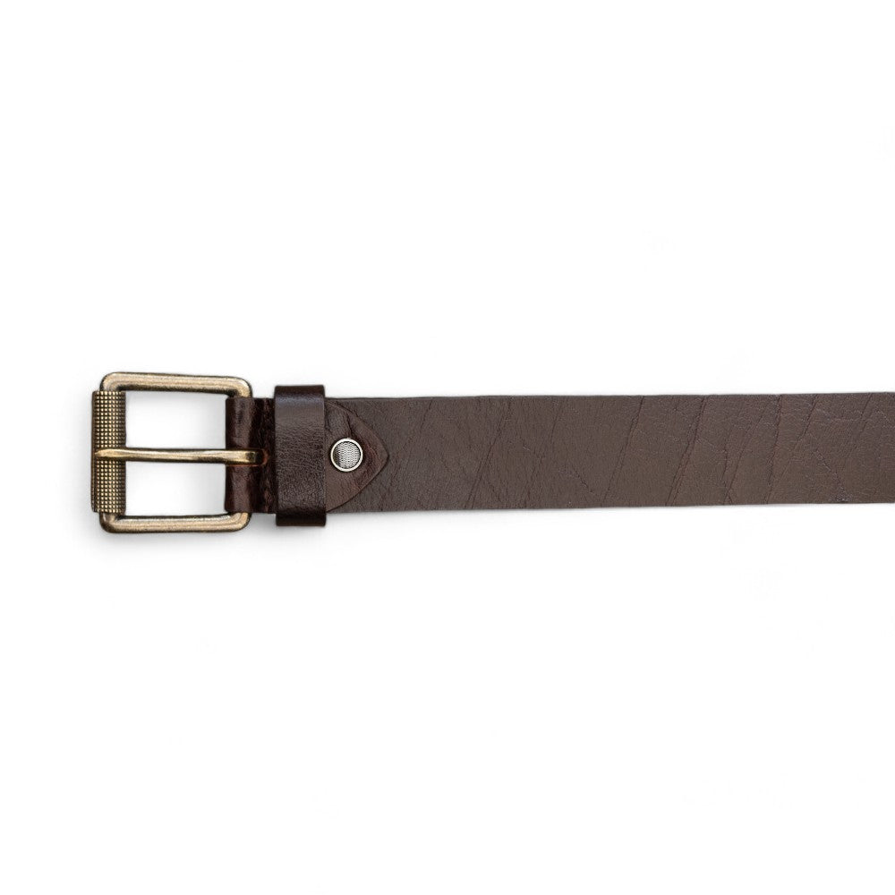 Buckle view of Men Brown leather belt roller buckle on a grey background.