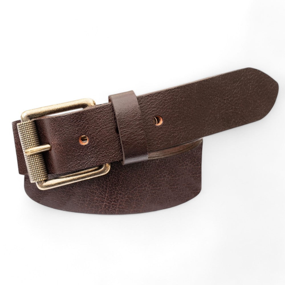 Front view of Men Brown leather belt roller buckle on agrey background.
