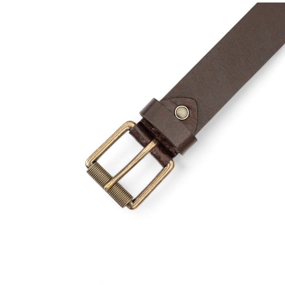 Top view of Men Brown leather belt roller buckle on agrey background.