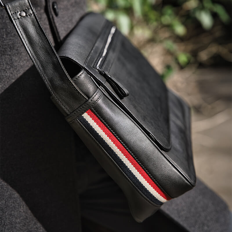 Men's Leather Laptop Messenger Bag with Texan Stripe