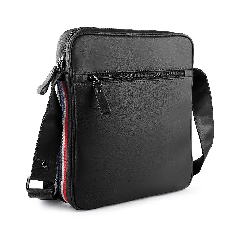 Medium leather tablet shoulder bag for men showing slim profile