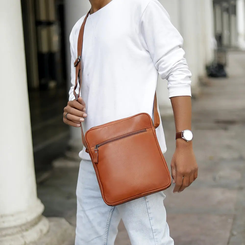 Tan leather crossbody shoulder bag for men with adjustable strap