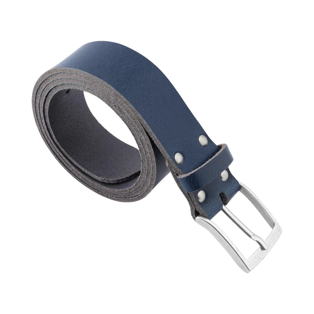 Blue leather belt with silver buckle on a white background