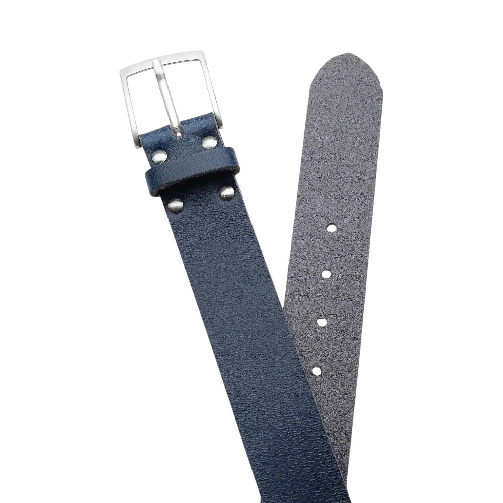 Blue leather belt with silver buckle on a white background