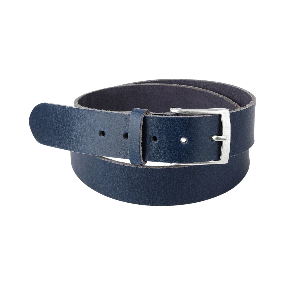 Navy blue belt with a silver buckle on a white background
