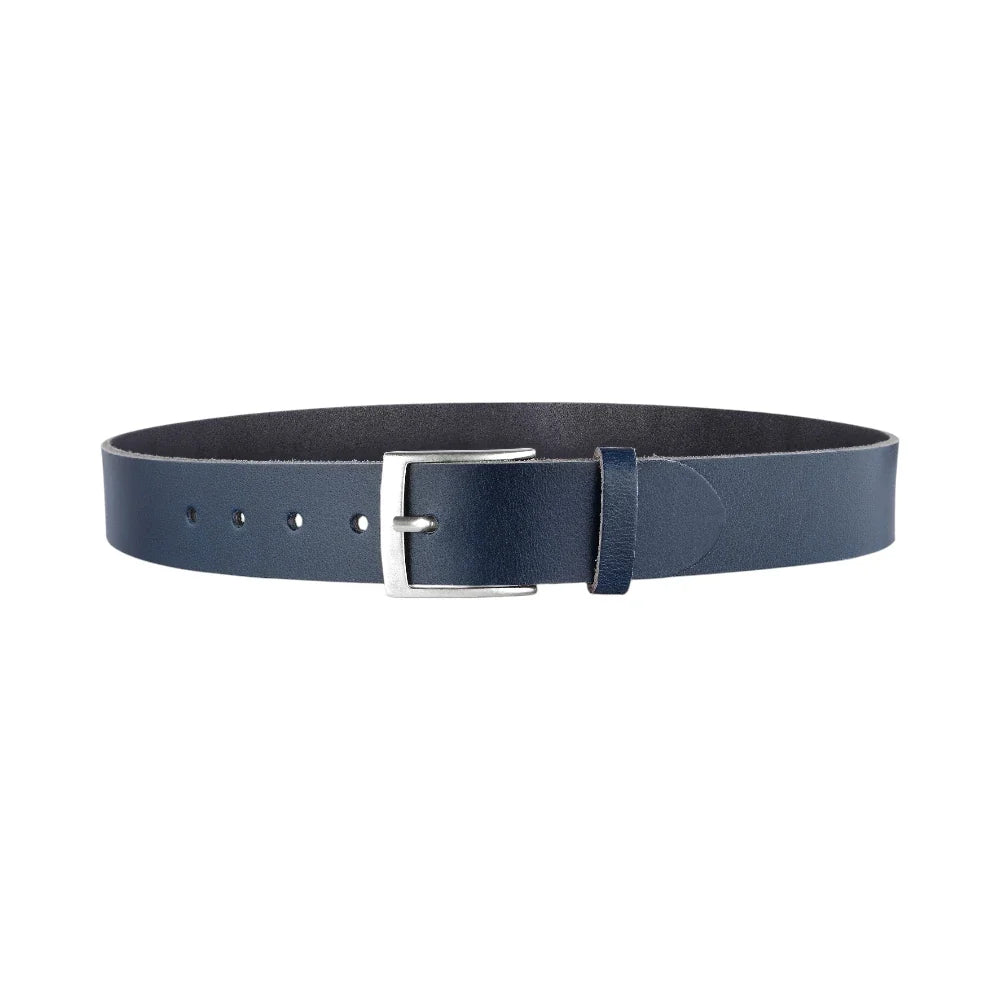 Navy blue belt with a silver buckle on a white background