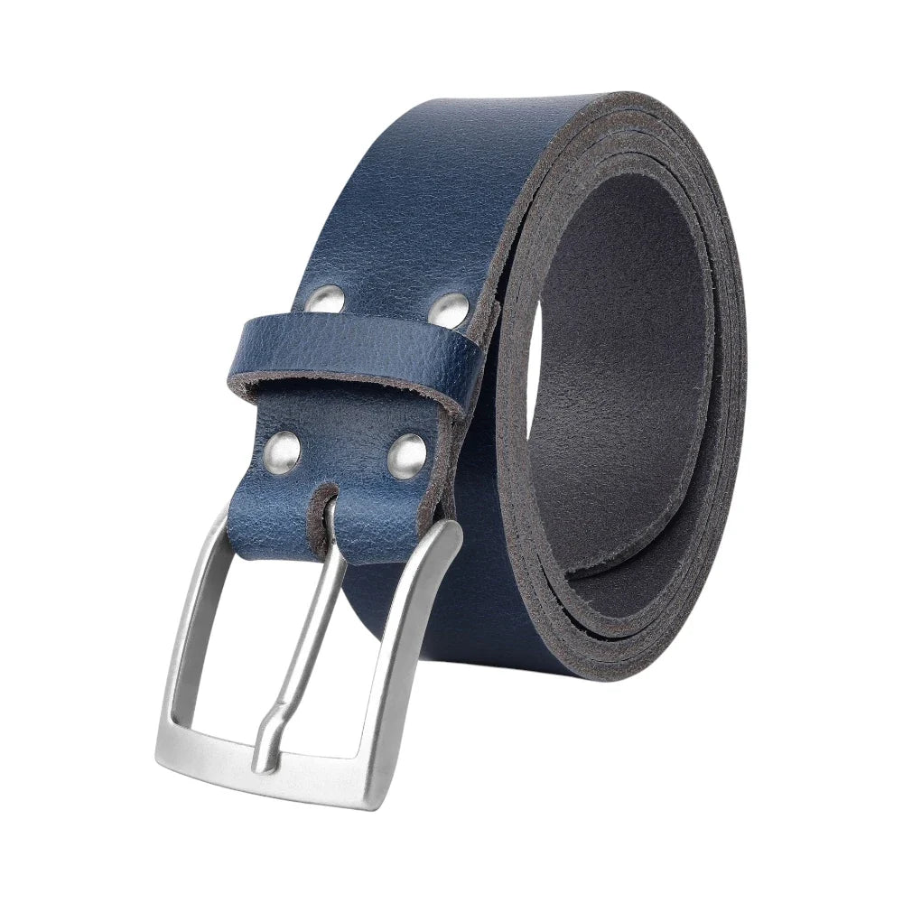 Blue leather belt with silver buckle on a white background