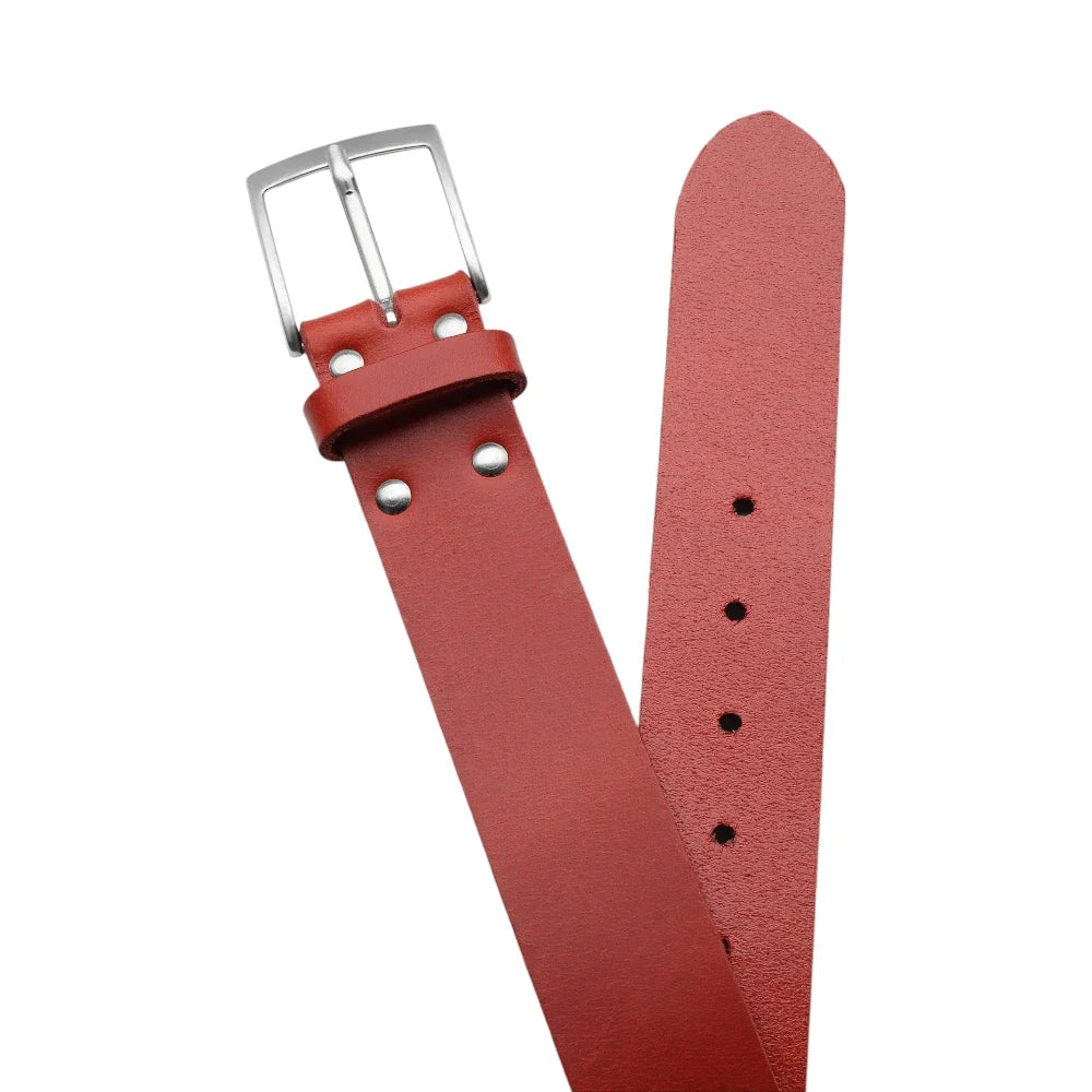 Red leather belt with silver buckle on a white background