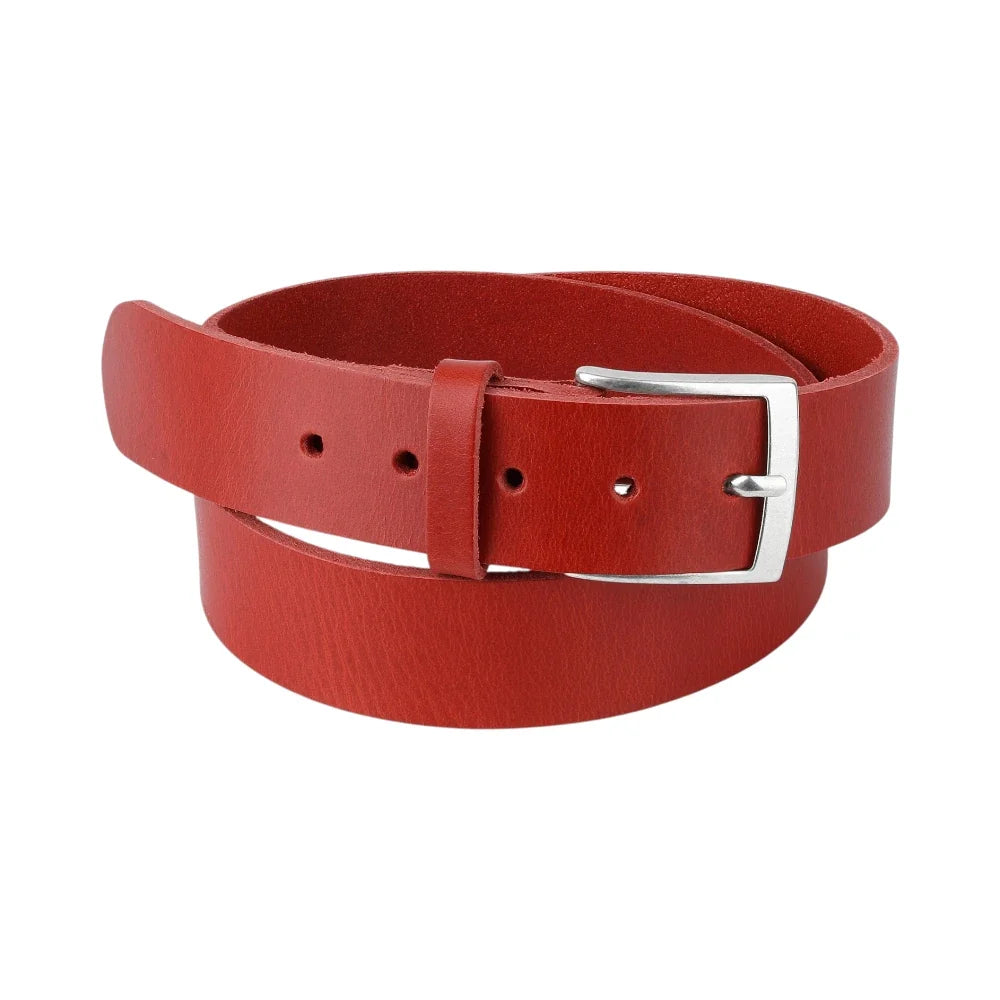 Red belt with a silver buckle on a white background