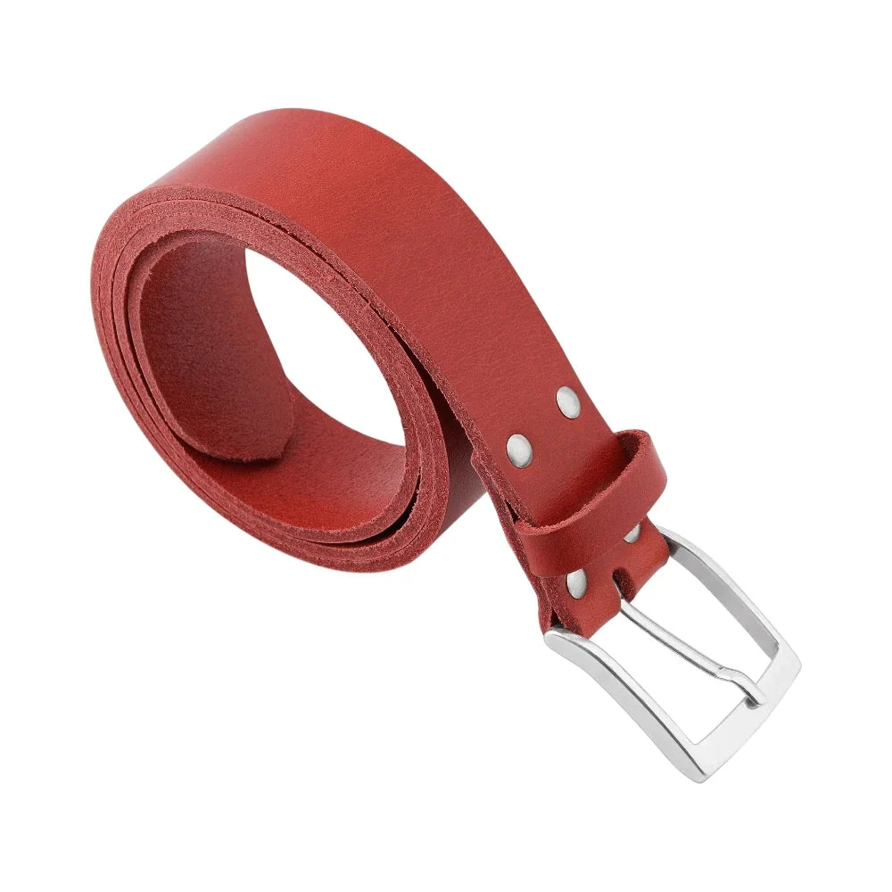 Red leather belt with a silver buckle on a white background