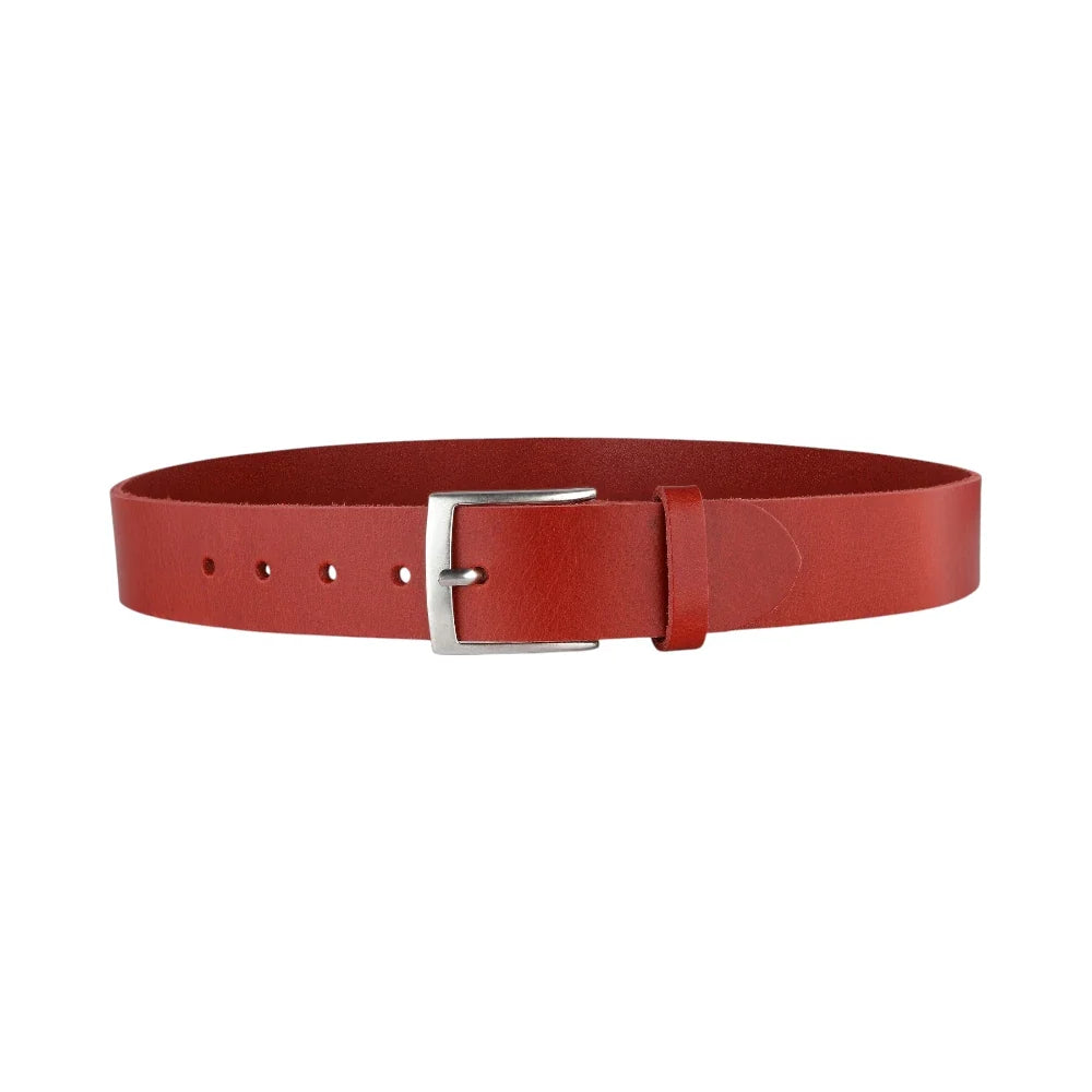 Red belt with a silver buckle on a white background