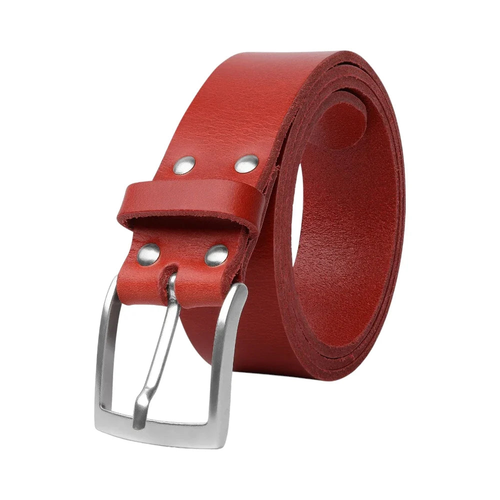 Red leather belt with a silver buckle on a white background