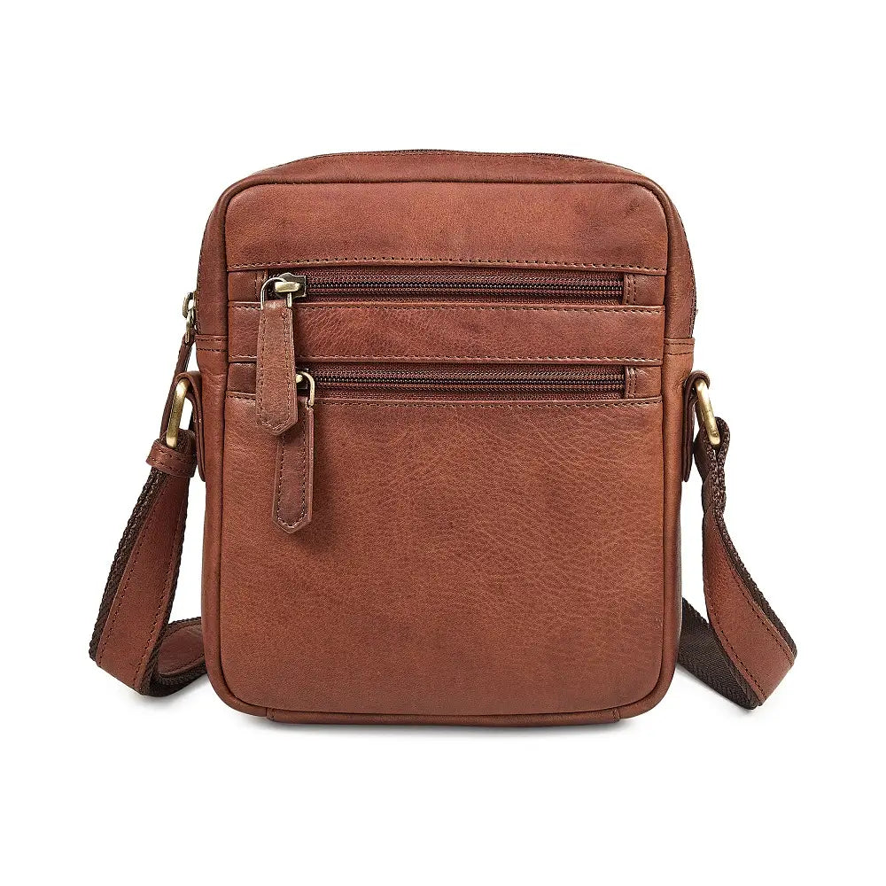 Brown leather crossbody bag on a white background