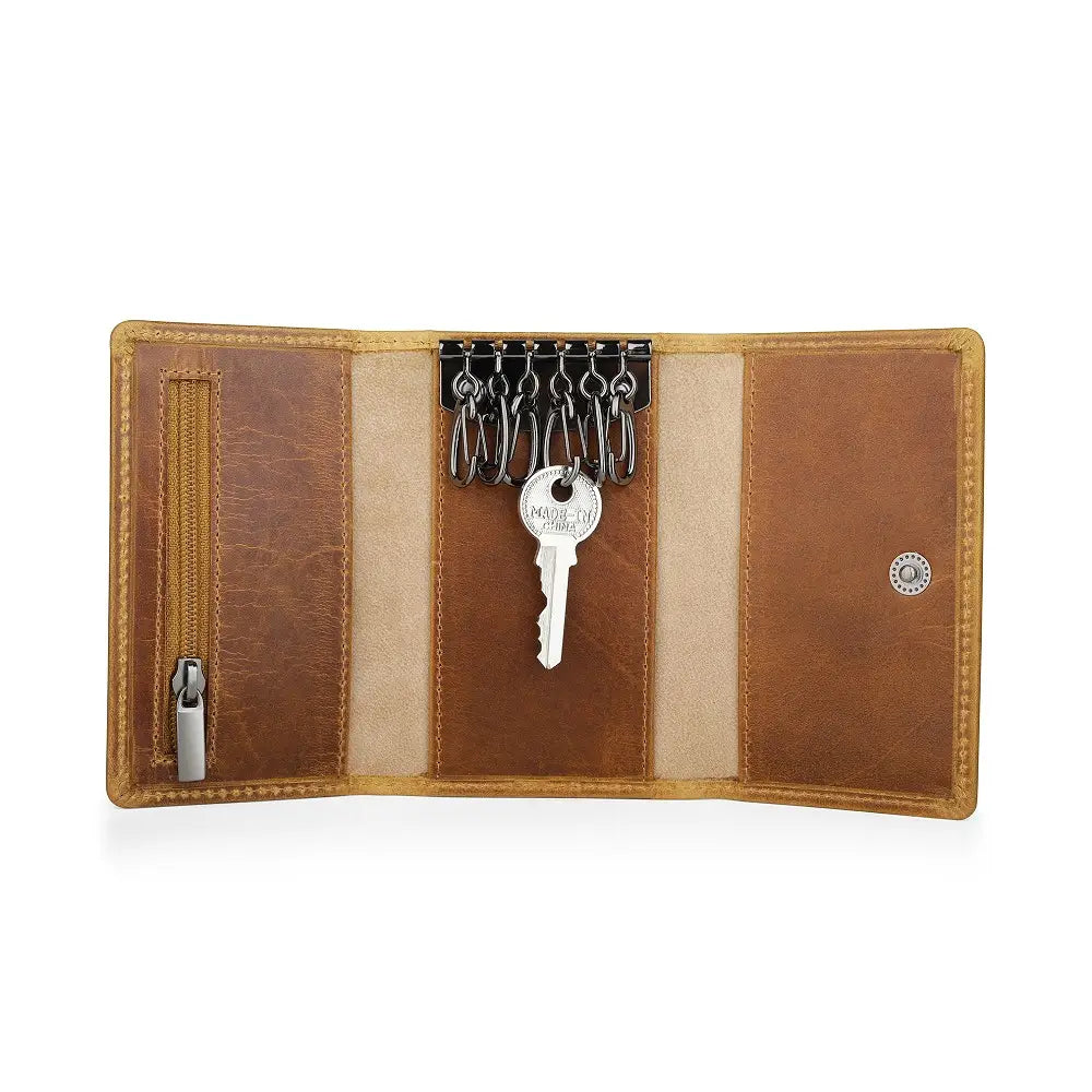 Open view of Tan leather key holder wallet