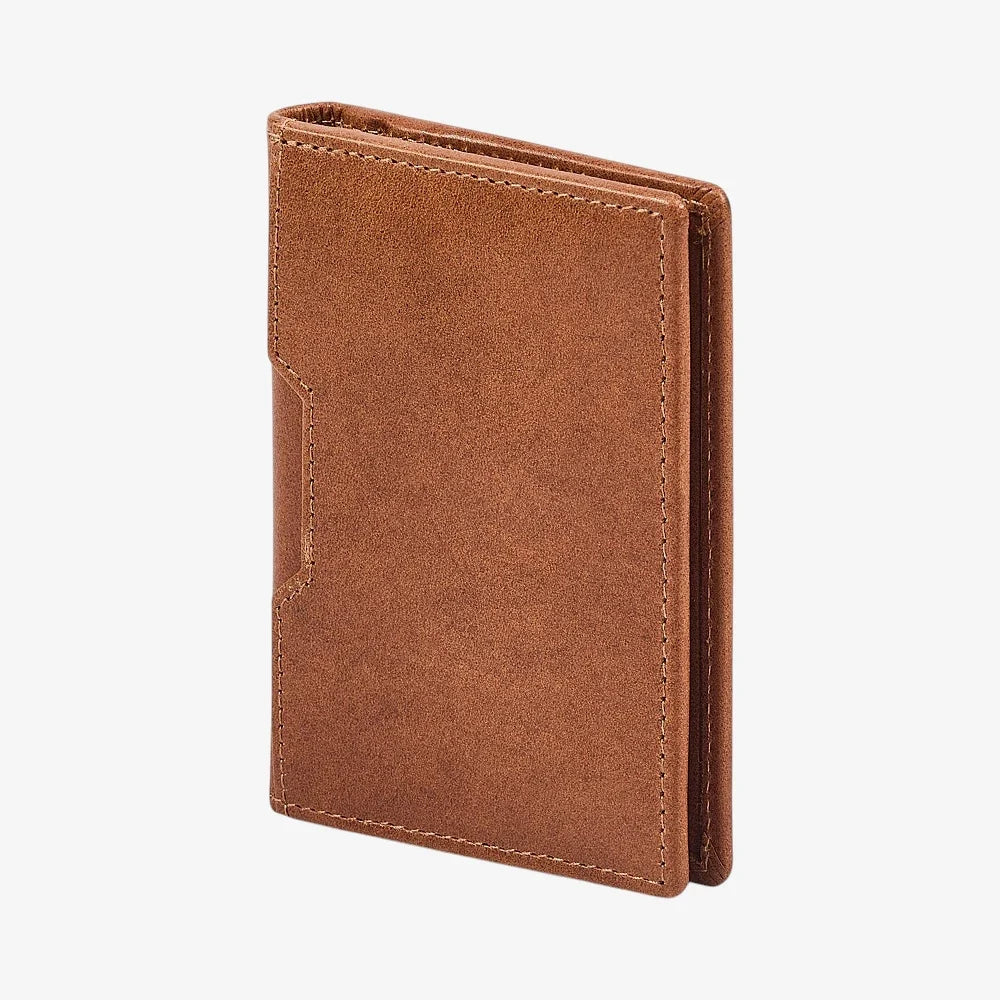 Tan leather credit card holder on a white background