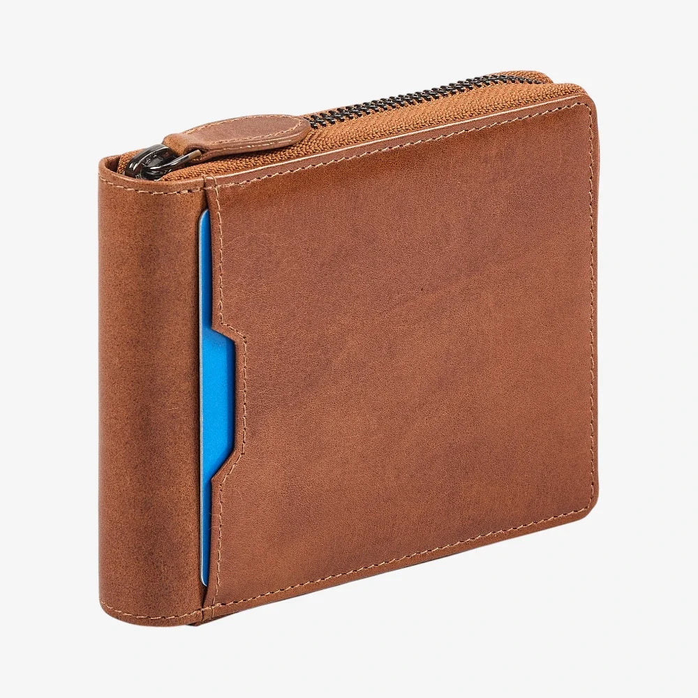 Tan leather wallet with a blue card holder on a white background