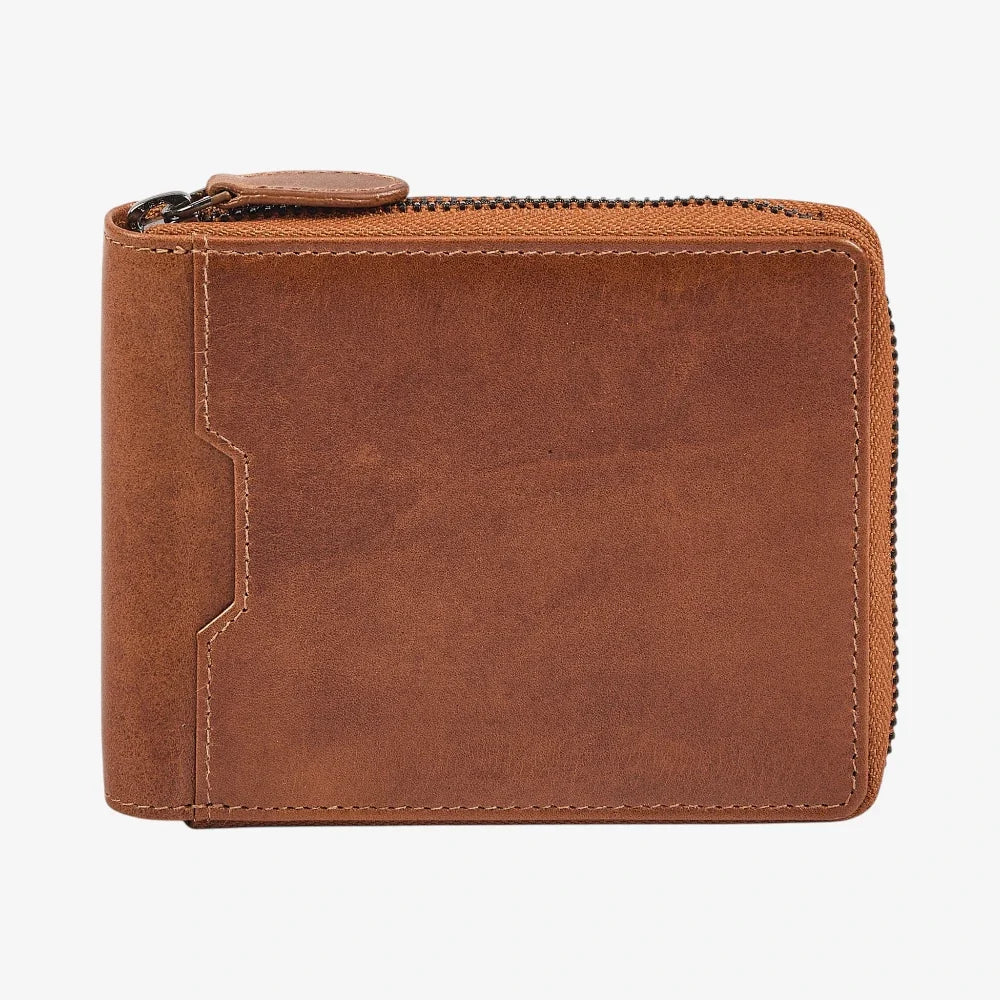 Front view of Tan leather wallet with a zipper on a white background