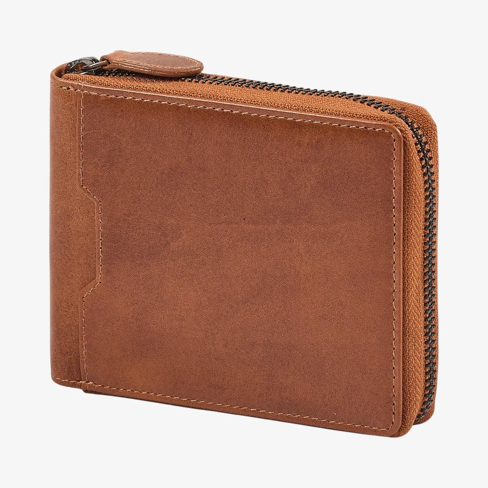 Tan leather wallet with a zipper on a white background
